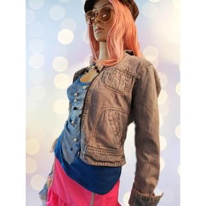 Womens 80s 90s Vintage Bb Dakota Short Blue Jean Jacket with faded pink, hood, M